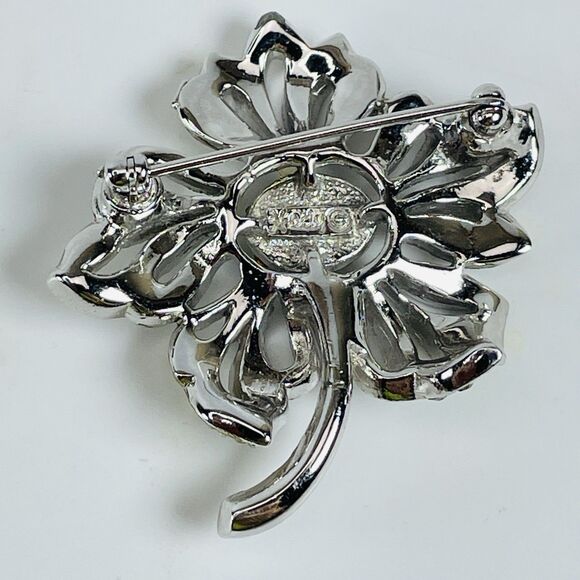 Signed HEDY Flower Brooch Pin 1.5" Sparkling Vintage Rhinestone Two Toned Pave - Picture 2 of 4